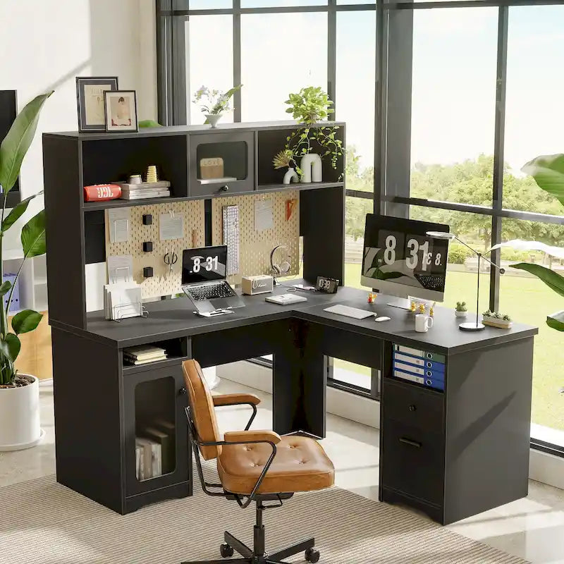 Bureau d'angle en L avec huche, tiroirs, armoire de rangement et éclairage LED, noir