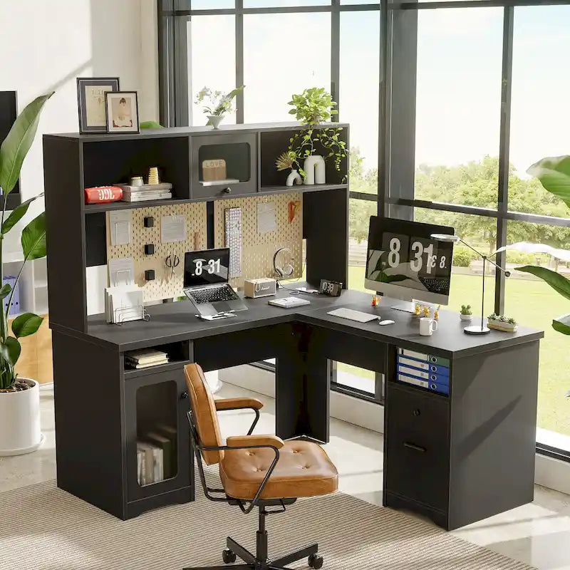 Bureau d'angle en L avec huche, tiroirs, armoire de rangement et éclairage LED, noir