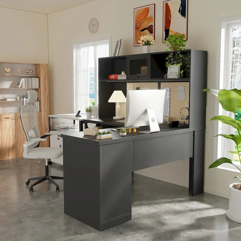 Bureau d'angle en L avec huche, tiroirs, armoire de rangement et éclairage LED, noir