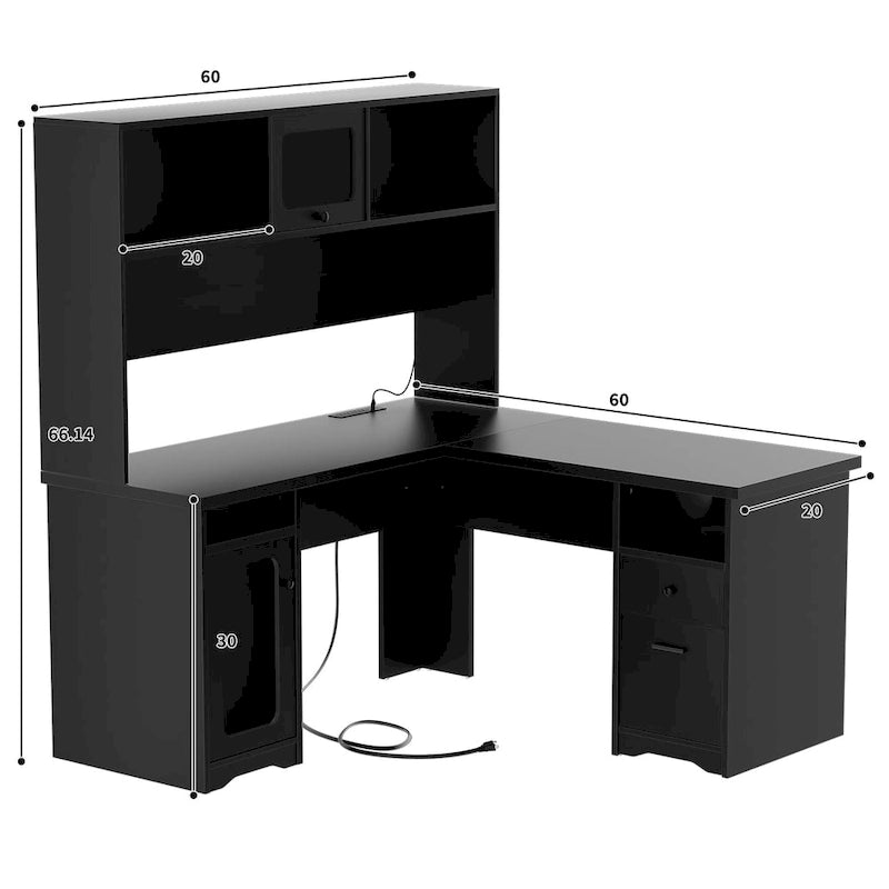 Bureau d'angle en L avec huche, tiroirs, armoire de rangement et éclairage LED, noir