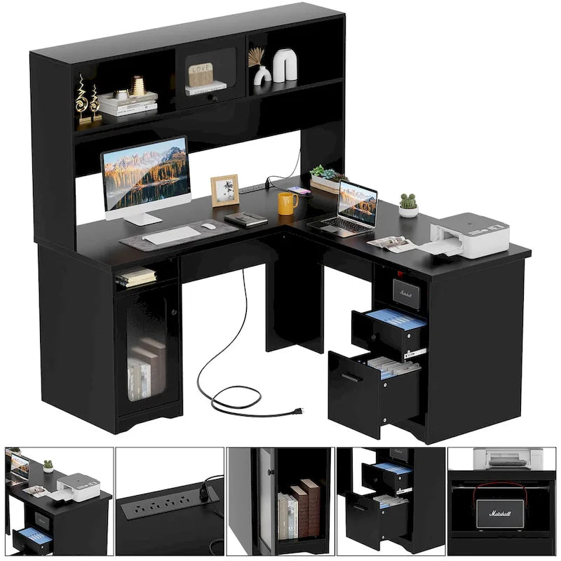Bureau d'angle en L avec huche, tiroirs, armoire de rangement et éclairage LED, noir