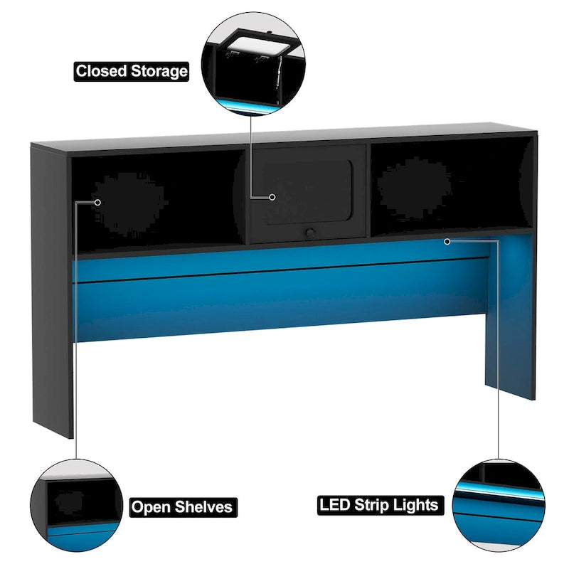 Bureau d'angle en L avec huche, tiroirs, armoire de rangement et éclairage LED, noir