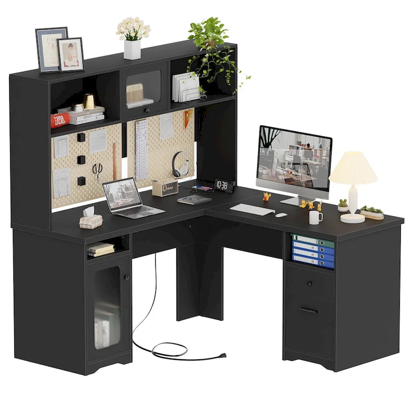 Bureau d'angle en L avec huche, tiroirs, armoire de rangement et éclairage LED, noir