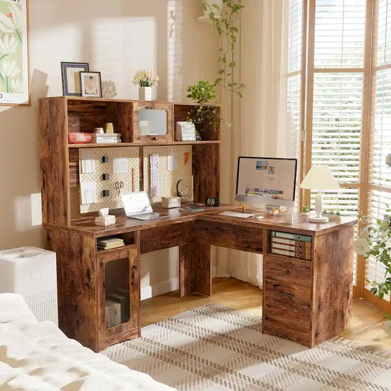 Bureau d'angle en L avec huche, tiroirs, armoire de rangement et éclairage LED, noir