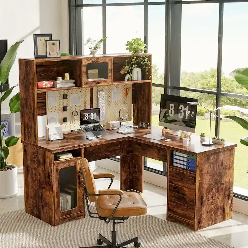 Bureau d'angle en L avec huche, tiroirs, armoire de rangement et éclairage LED, noir