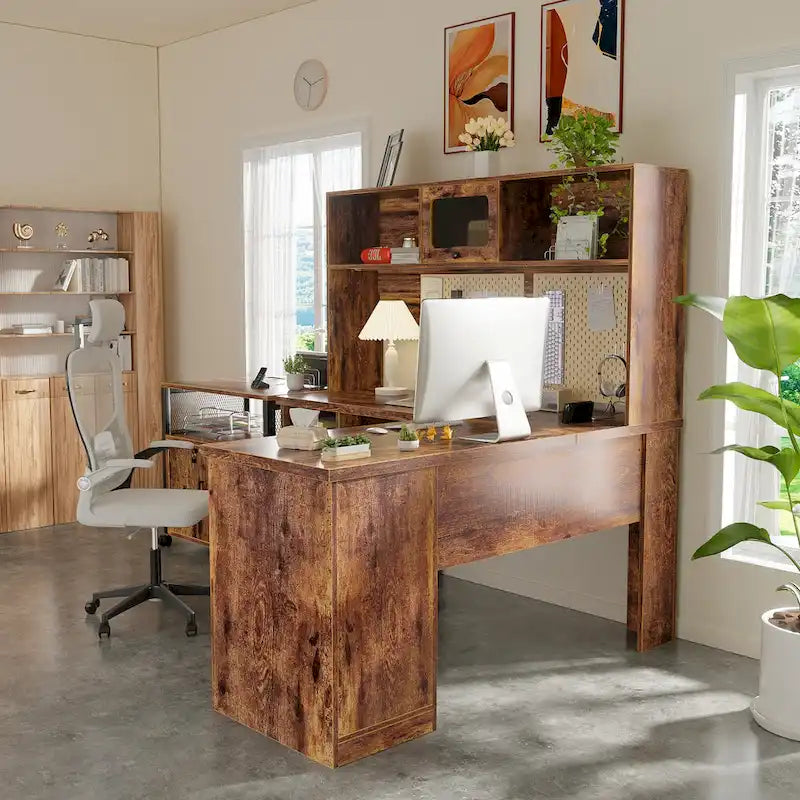 Bureau d'angle en L avec huche, tiroirs, armoire de rangement et éclairage LED, noir