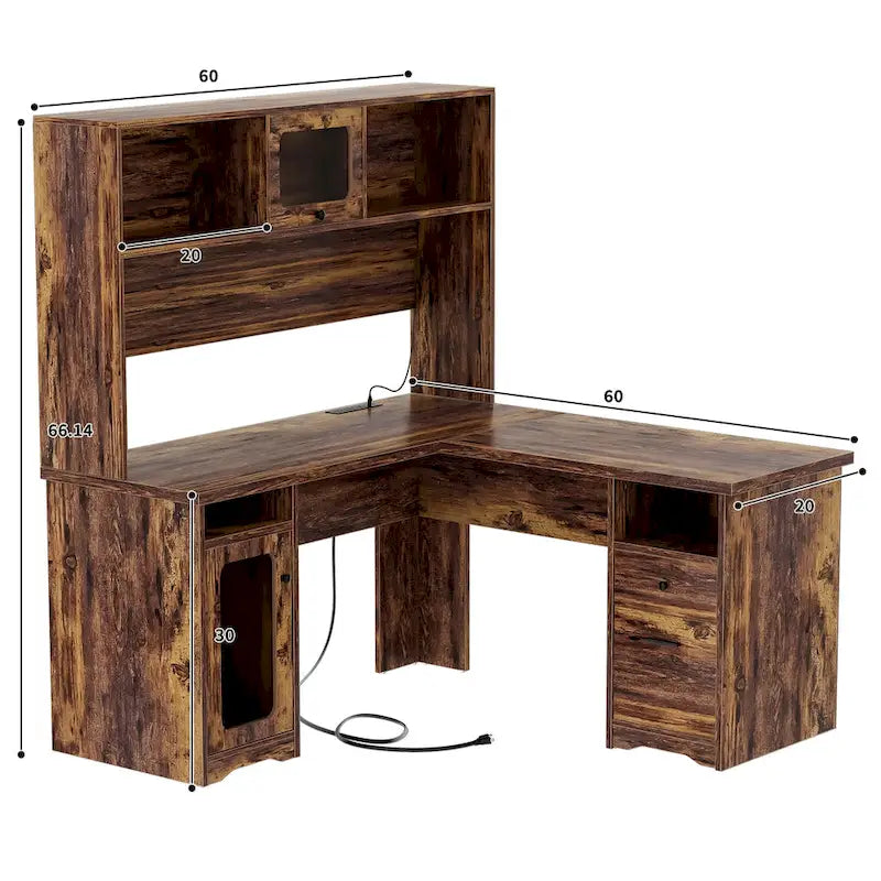 Bureau d'angle en L avec huche, tiroirs, armoire de rangement et éclairage LED, noir