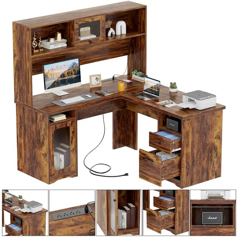 Bureau d'angle en L avec huche, tiroirs, armoire de rangement et éclairage LED, noir