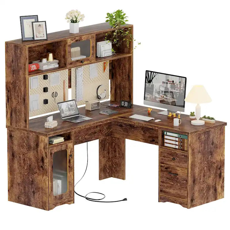Bureau d'angle en L avec huche, tiroirs, armoire de rangement et éclairage LED, noir