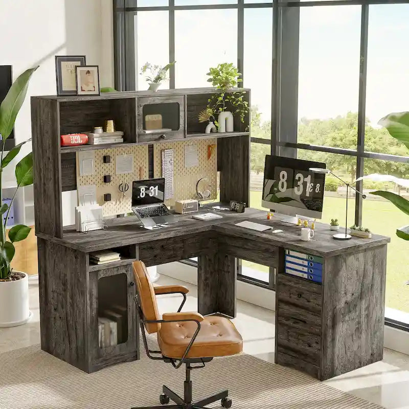 Bureau d'angle en L avec huche, tiroirs, armoire de rangement et éclairage LED, noir