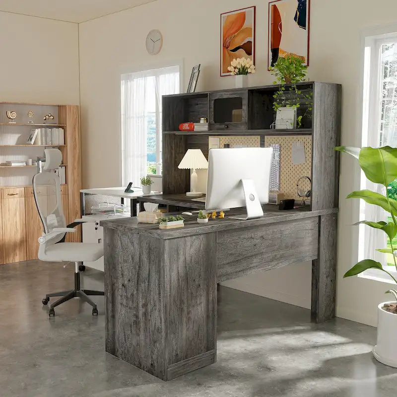 Bureau d'angle en L avec huche, tiroirs, armoire de rangement et éclairage LED, noir