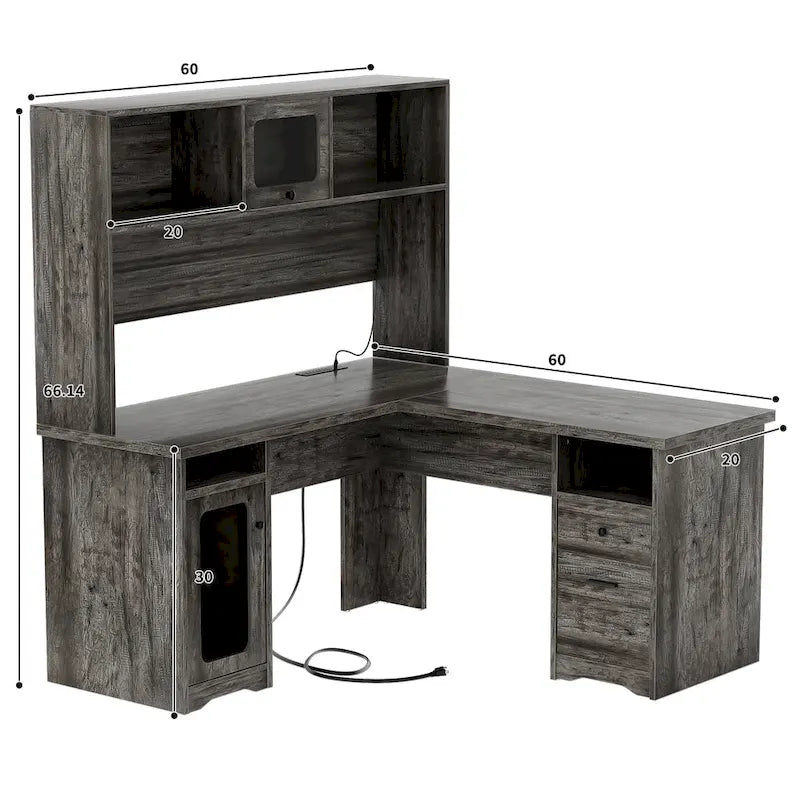 Bureau d'angle en L avec huche, tiroirs, armoire de rangement et éclairage LED, noir
