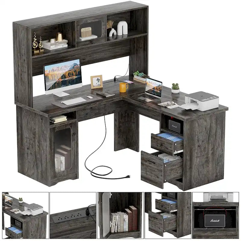 Bureau d'angle en L avec huche, tiroirs, armoire de rangement et éclairage LED, noir