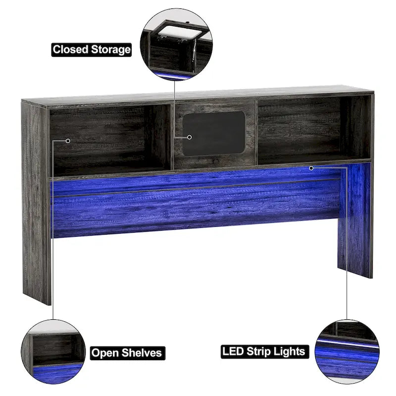 Bureau d'angle en L avec huche, tiroirs, armoire de rangement et éclairage LED, noir