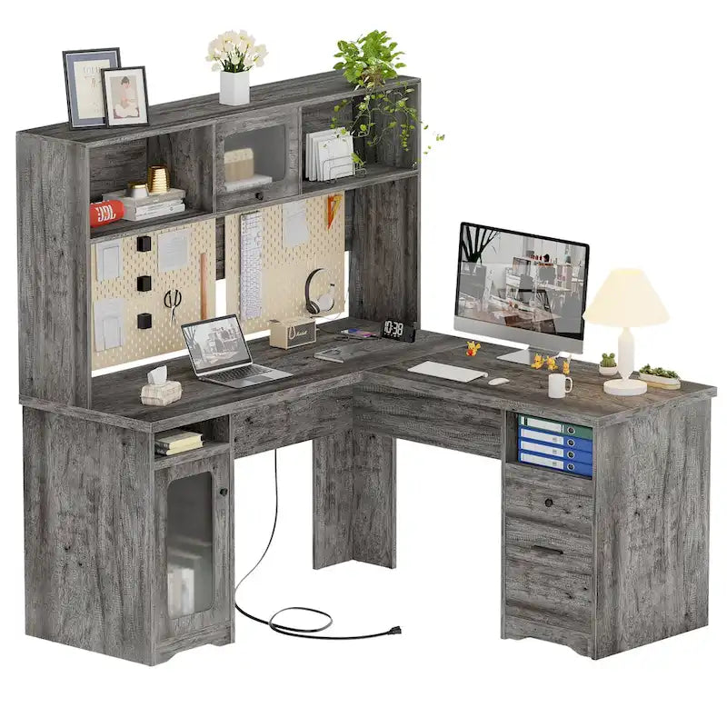 Bureau d'angle en L avec huche, tiroirs, armoire de rangement et éclairage LED, noir