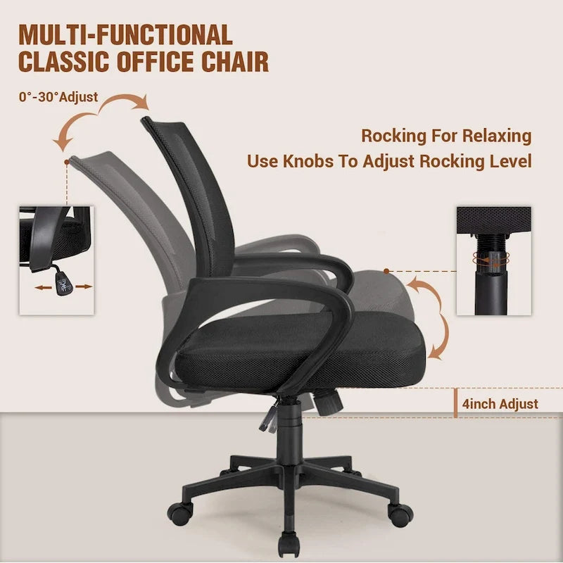 Chaise de bureau ergonomique en maille avec accoudoirs, réglable, pivotante, pour ordinateur, dossier mi-haut