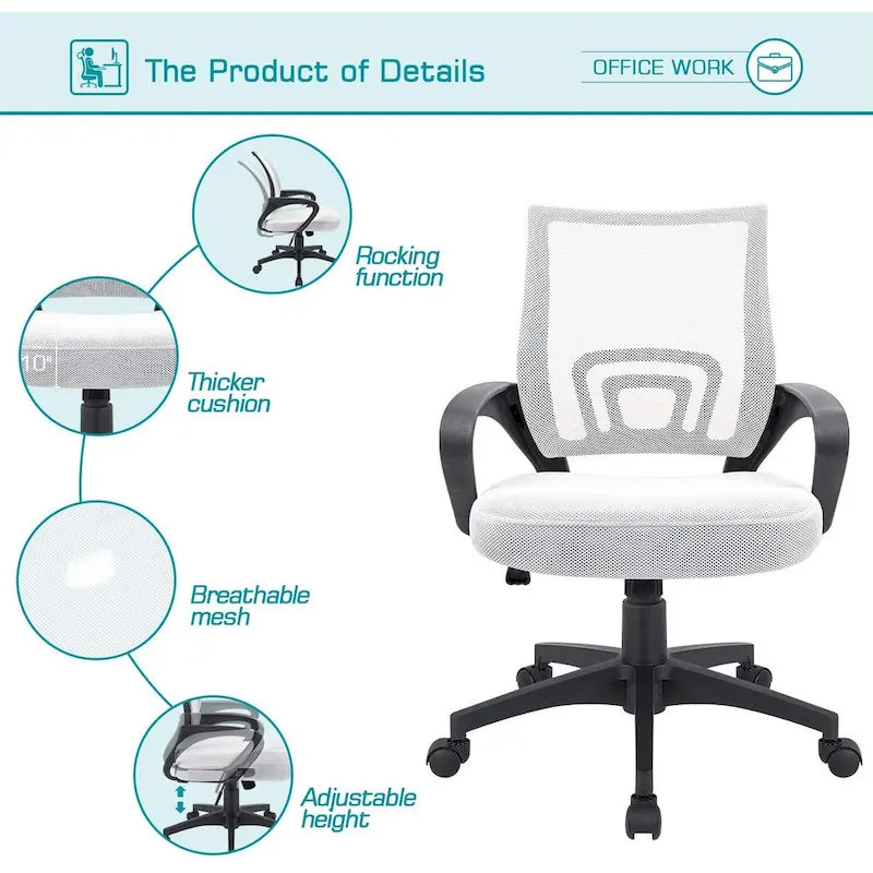 Chaise de bureau ergonomique en maille avec accoudoirs, réglable, pivotante, pour ordinateur, dossier mi-haut