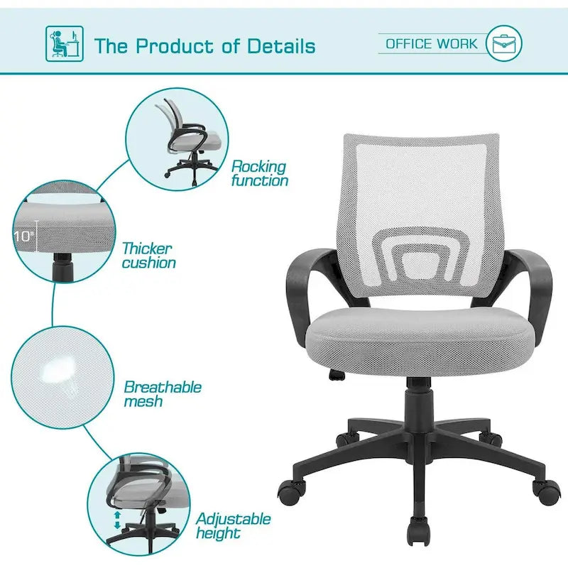 Chaise de bureau ergonomique en maille avec accoudoirs, réglable, pivotante, pour ordinateur, dossier mi-haut